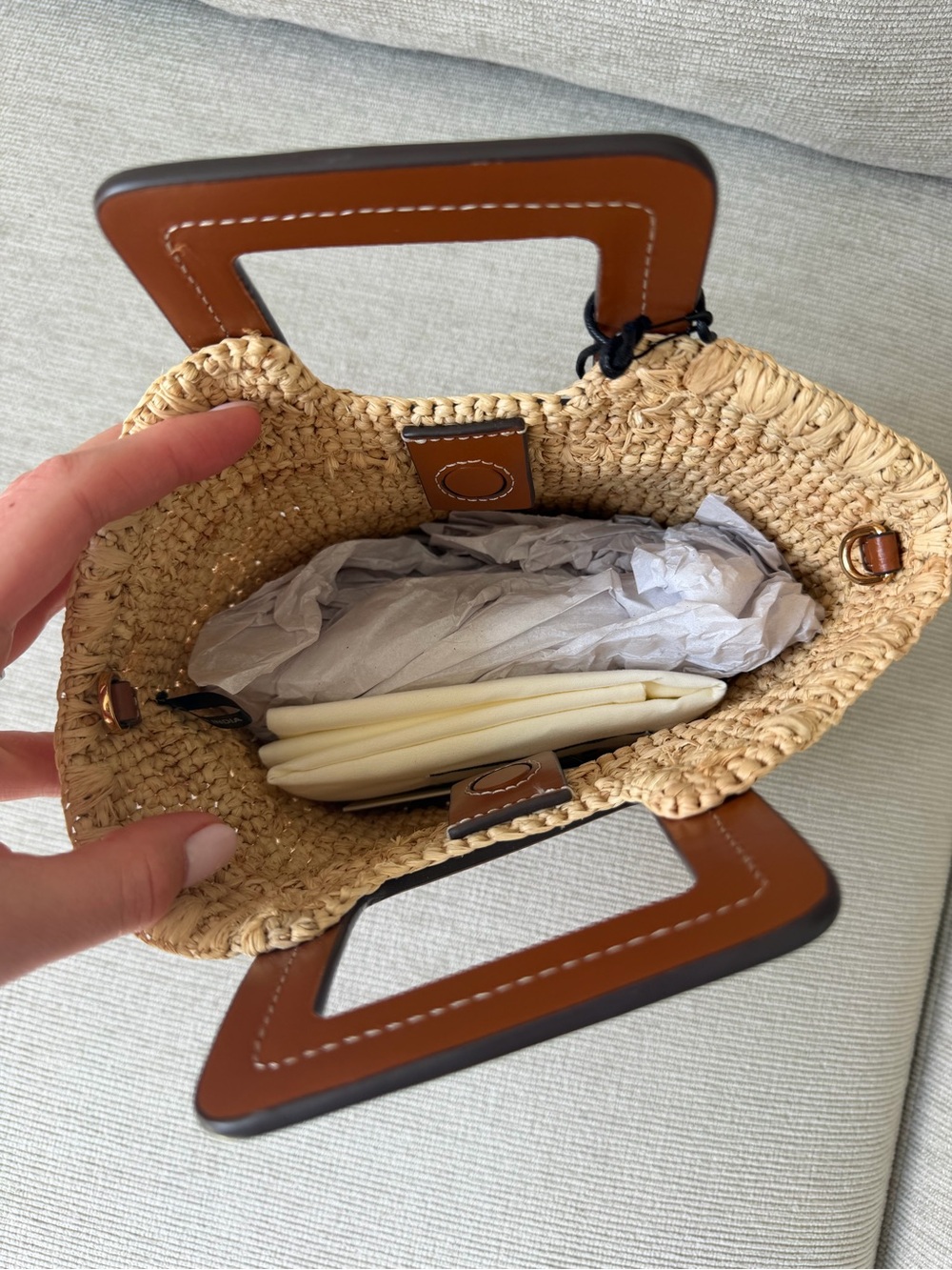 STAUD Shirley Raffia Tote Bag with Brown Square Handles - Picture 2 of 3